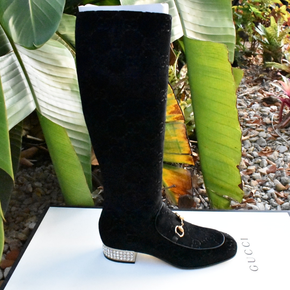 NEW GUCCI Horsebit GG velvet boots w/ crystal heel